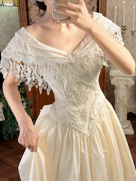 Off‑White Vintage Palace‑Style Neckline Fitted Waist Embroidered Full Flared Skirt Long Prom Gown, Wedding Dress gh8599
