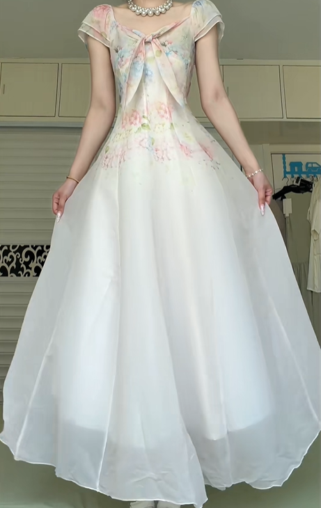 Watercolor Floral Print Long Evening Gown, Square Neck Cap Sleeve Bow Tie Chiffon A‑Line Prom Dress for Party Banquet gh8961
