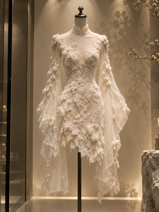 ✨Girlhomeshops-New Chinese Qipao Lace Short Wedding Gown, 3D Floral Fitted Bridal Dress gh10341