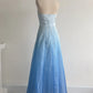 Girlhomeshops – Blau-weißes, exquisites, florales, modisches, bodenlanges Ballkleid mit Farbverlauf, Tube-Top, gh5515