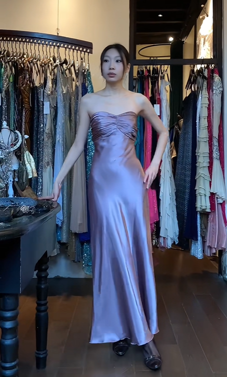 Strapless Lavender Satin Evening Gown Sweetheart Neck Ruched Bodice Mermaid Long Prom Dress gh9689