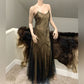 Robe de soirée longue en mousseline de soie, satin et tulle, élégante et raffinée, style vintage, marron doré, avec perles, gh3723