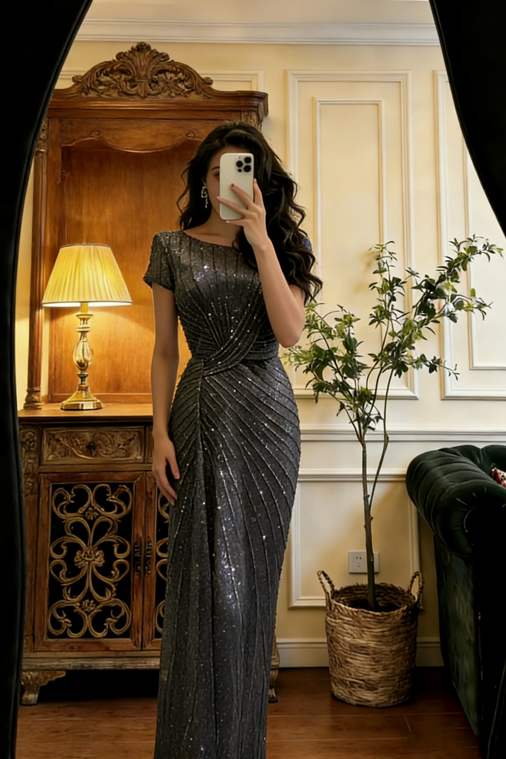 Dunkelgraues, paillettenbesetztes, figurbetontes Kurzarm-Abendkleid – Hochwertiges Meerjungfrauen-Abendkleid gh6950