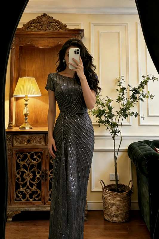 Robe de soirée sirène haut de gamme à manches courtes et sequins gris foncé - gh6950