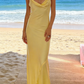 Hellgelbes Maxikleid aus Satin mit Spaghettiträgern – Wasserfallausschnitt und Rückenbindefunktion – Strandkleid/Gartendate/leichtes Abendkleid gh6995