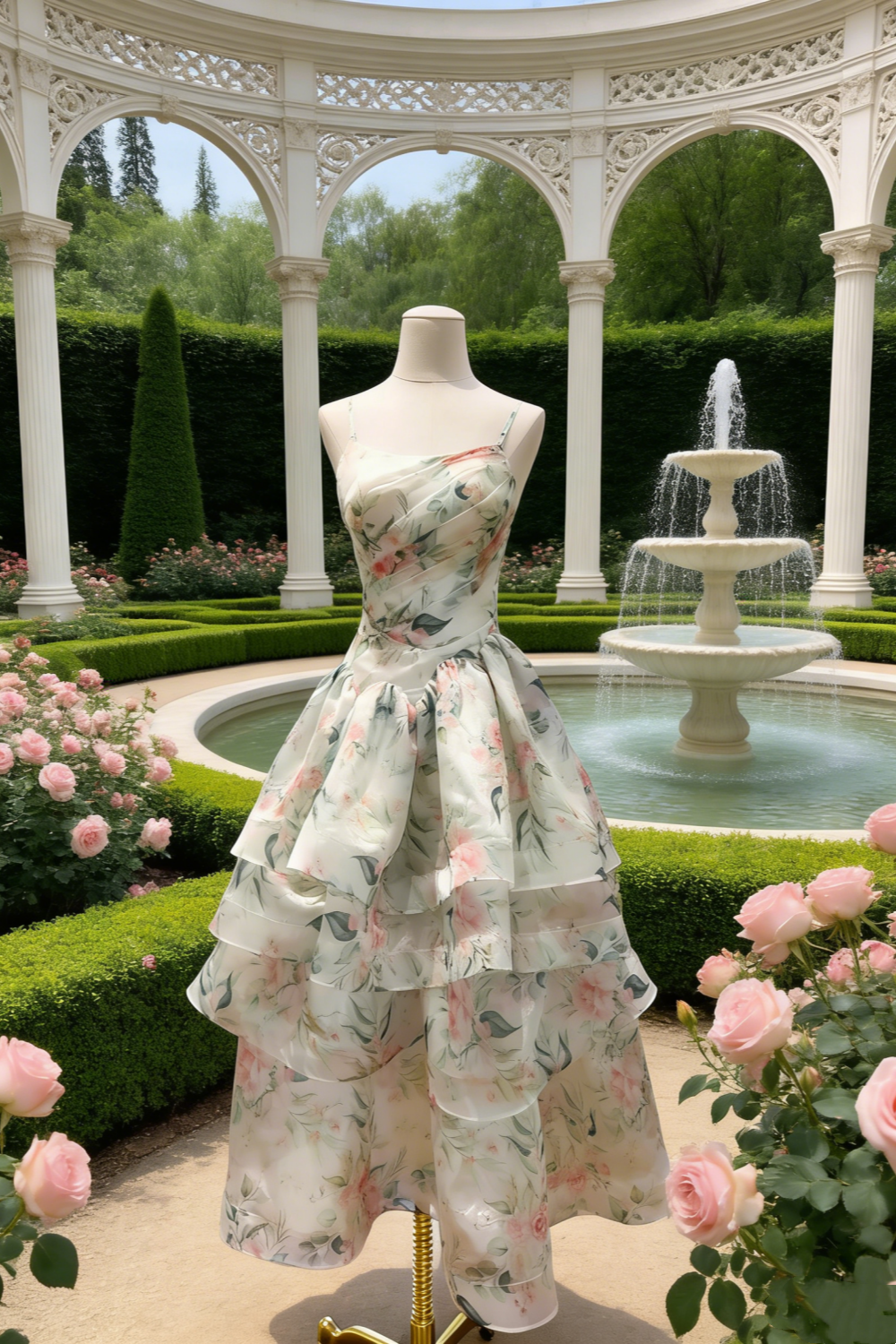 Robe en organza à imprimé floral rose et vert à volants - Robe printanière style frais gh6966