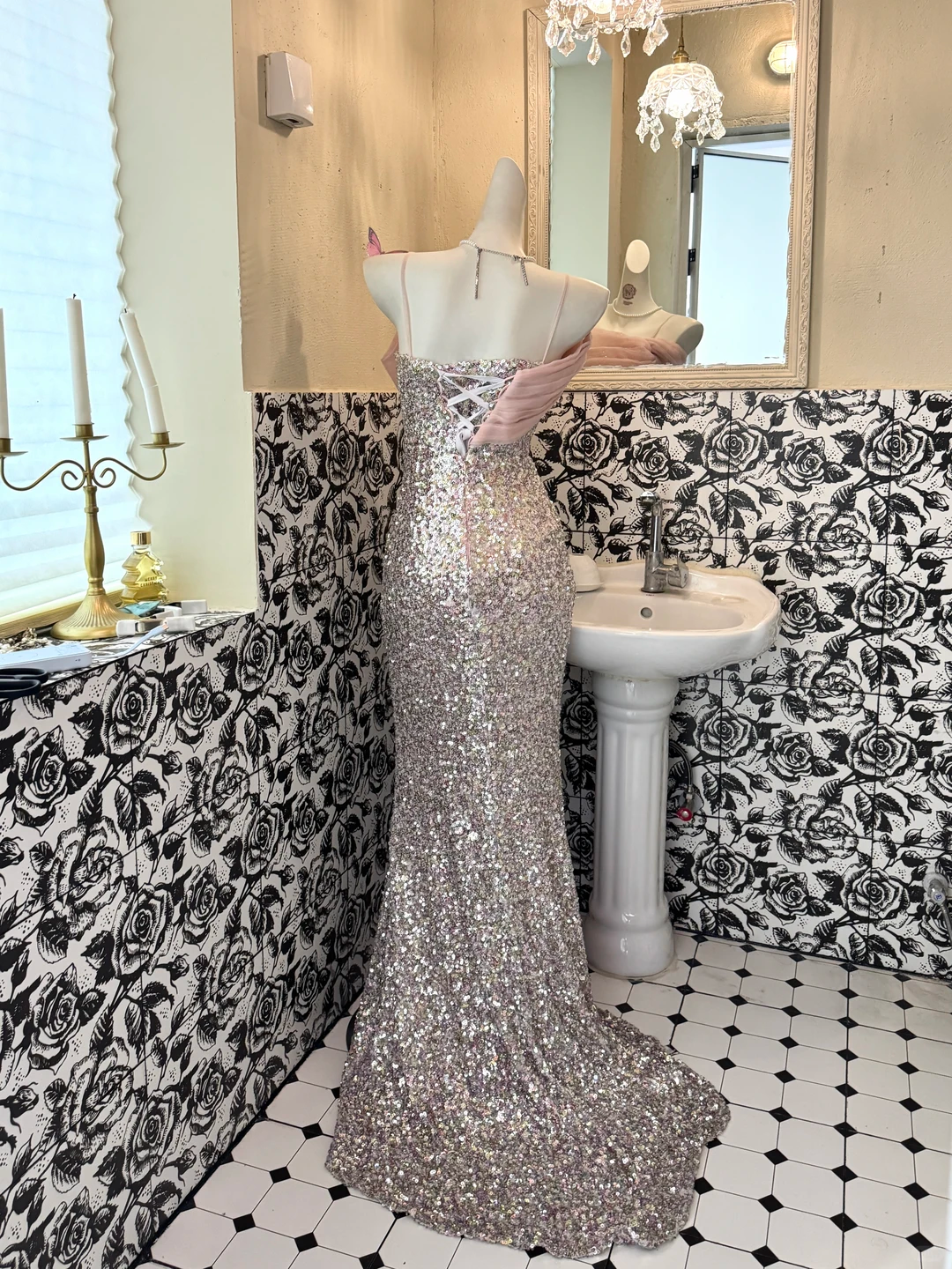 Silver Spaghetti Strap Waist-Cinched Fitted Sexy Sequin Romantic Dress, Wedding Gown gh7611