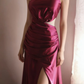 Fuchsia One‑Shoulder Satin Evening Gown, Waist Cutout Ruched High‑Slit Formal Prom Dress gh9125