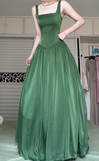 Vintage Dark Green Square Neck Wide‑Strap Long Evening Gown, Vertical Textured Satin A‑Line Prom Dress gh9022