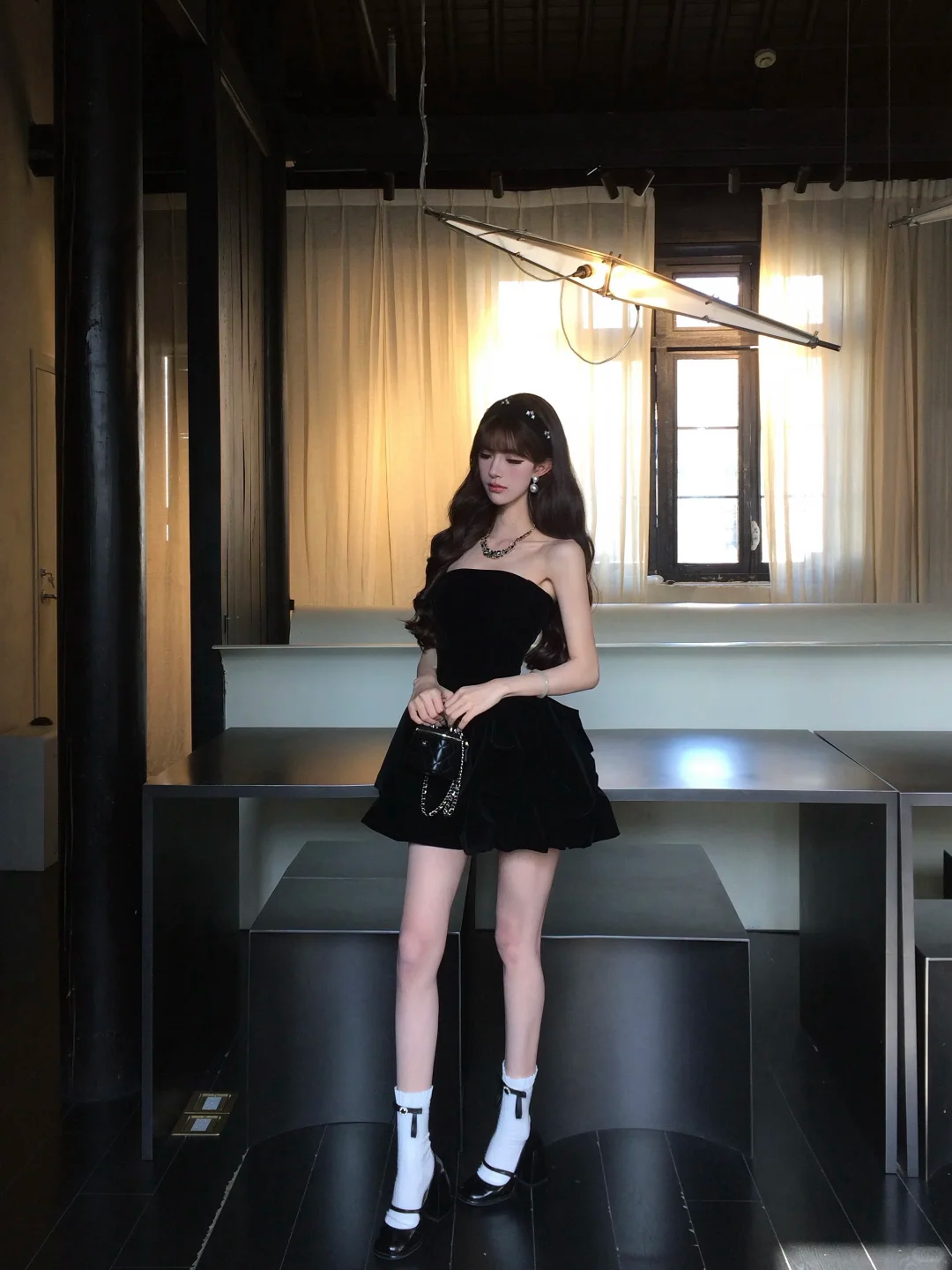 Women Retro Black Strapless Homecoming Dress Velvet High Waist Layered Ruffle Puffy Short Party Dress gh9429