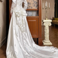 White Vintage Satin Wedding Gown, Off‑the‑Shoulder Fold‑Over V‑Neck, Long Satin Sleeves With Lace Cuffs, Exquisite Lace Appliqué Waist, A‑Line Satin Long Train With Scalloped Lace Hem, Prom Dress gh8652