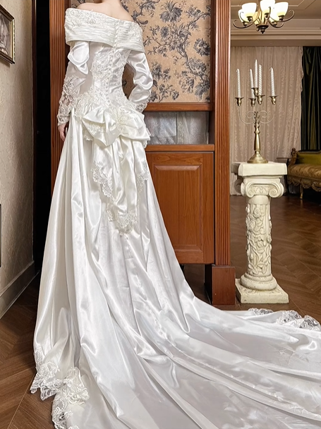 White Vintage Satin Wedding Gown, Off‑the‑Shoulder Fold‑Over V‑Neck, Long Satin Sleeves With Lace Cuffs, Exquisite Lace Appliqué Waist, A‑Line Satin Long Train With Scalloped Lace Hem, Prom Dress gh8652