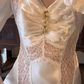 Off‑White Vintage Long‑Sleeve Satin Wedding Gown, V‑Neck Ruched Lace Trim A‑Line Train Bridal Dress gh9062