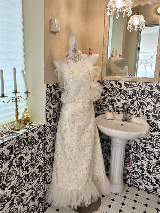 Ivory Bow Neckline Waist-Cinched Elegant Classic Romantic Dress, Wedding Gown gh7600