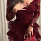 Glam Burgundy Lace Mermaid Maxi Dress | V-Neck Layered Ruffle Dress, Gala Friends Gathering Fashion Outfit gh6452