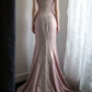 Dusty Pink Sleeveless Mermaid Evening Gown, V‑Neck Illusion Lace Beaded Applique Fitted Long Formal Party Dress gh9106