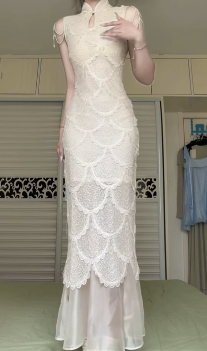 New Chinese Style Cheongsam Long Evening Gown, Ivory Scallop Lace Mermaid Qipao Dress Cold‑Shoulder Tassel Beaded Strap for Banquet Engagement gh8951