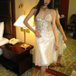 Light Champagne V-Neck Fitted Waist Sequin Vintage Luxury Prom Gown, Evening Party Dress gh8359