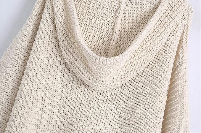 New white V-neck retro fashion long-sleeved hooded loose drawstring knitted hoodie pullover female casual sweater top 7281