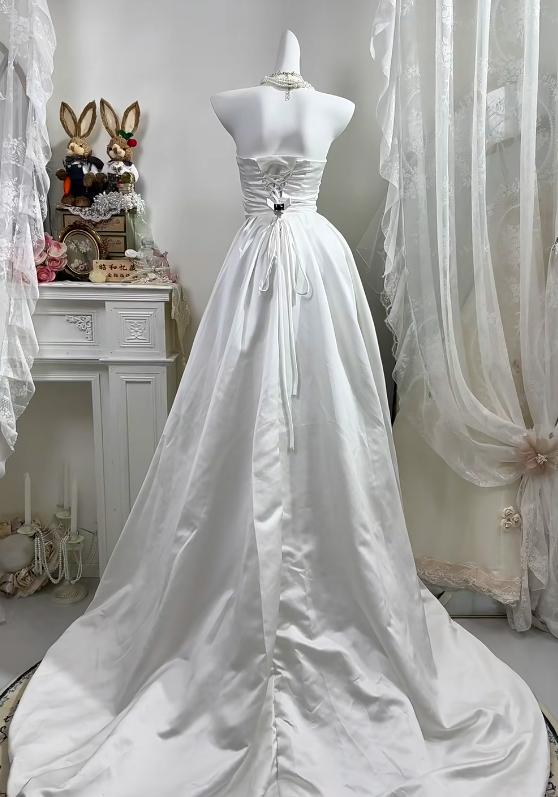 White Satin Halter Wedding Gown, Sleeveless Asymmetrical 3D Floral High Low Bridal Dress gh9281