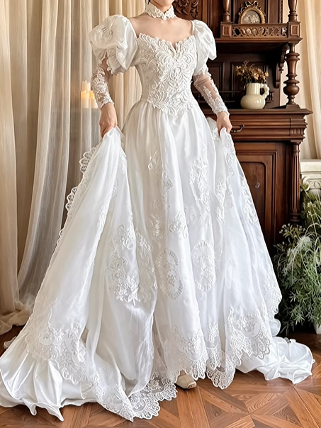 White Vintage Victorian Detachable High Neck Bubble Short Sleeve V Off‑the‑Shoulder Lace Long Sleeve Fitted Waist Tulle Lace Applique Train Long Prom Gown, Wedding Dress gh8619