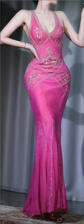 ✨Girlhomeshops-Fuchsia Halter Hand Beaded Rhinestone Mermaid Evening Gown Backless Long Dress gh10087
