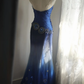 Strapless Navy Ombre Mermaid Evening Gown, Draped Bodice Large Bow Peacock‑Motif Beaded Sequin Appliqué Gradient Tulle Formal Prom Dress gh9119