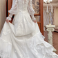 Ivory Vintage Wedding Gown, Square Neck Lace Trimmed Neckline, Lace Appliqué Empire Waist, Sheer Puff Long Sleeves, Flowy Chiffon Long Skirt With Train, Lace Ruffled Hem, Bridal Prom Dress gh8726