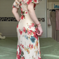 Vintage Floral Print Off‑Shoulder Spaghetti Strap Mermaid Evening Gown, Ruffle Neck Flowy Chiffon Formal Prom Dress gh9009