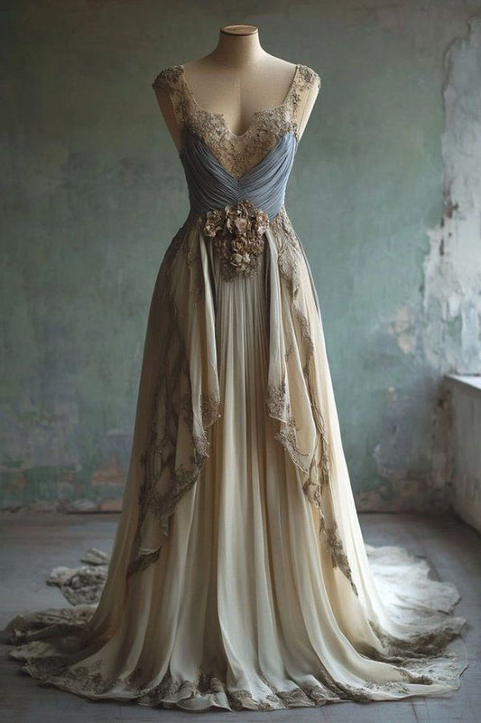 girlhomeshops-Nude-Wedding Dress Gray Paneled Lace 3D Floral Sleeveless Floor-Length Train Vintage Gown Gh6336