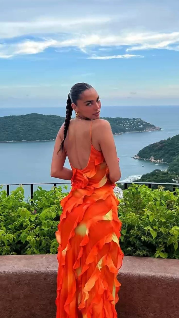 Robe de soirée longue sirène à bretelles spaghetti orange sexy à ourlet à volants, robe d'invité de mariage, robe de bal, robe de soirée moulante irrégulière gh3036