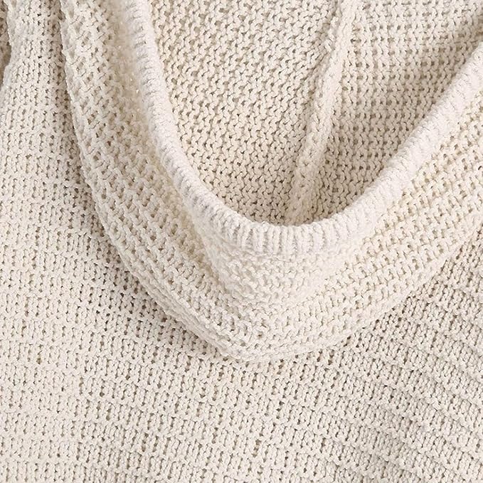 New white V-neck retro fashion long-sleeved hooded loose drawstring knitted hoodie pullover female casual sweater top 7281