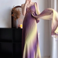 Purple‑Yellow‑Ombre‑Greek‑Gown One‑Shoulder‑V‑Neck Hand‑Beaded‑Bodice Flowy‑Chiffon Detachable‑Long‑Sash Draped‑Floor‑Length Retro‑Goddess‑Evening‑Dress gh8846