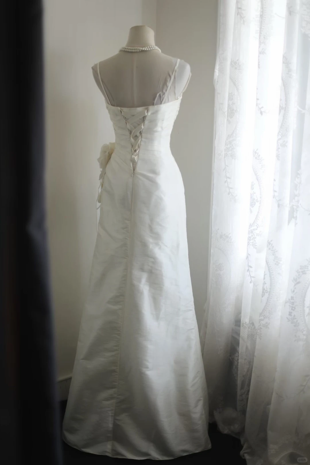 Spaghetti Strap Square Neck Satin Mermaid Wedding Dress, Ruched Bodice 3D Fabric Flower Appliqué Sheath Bridal Gown gh9124