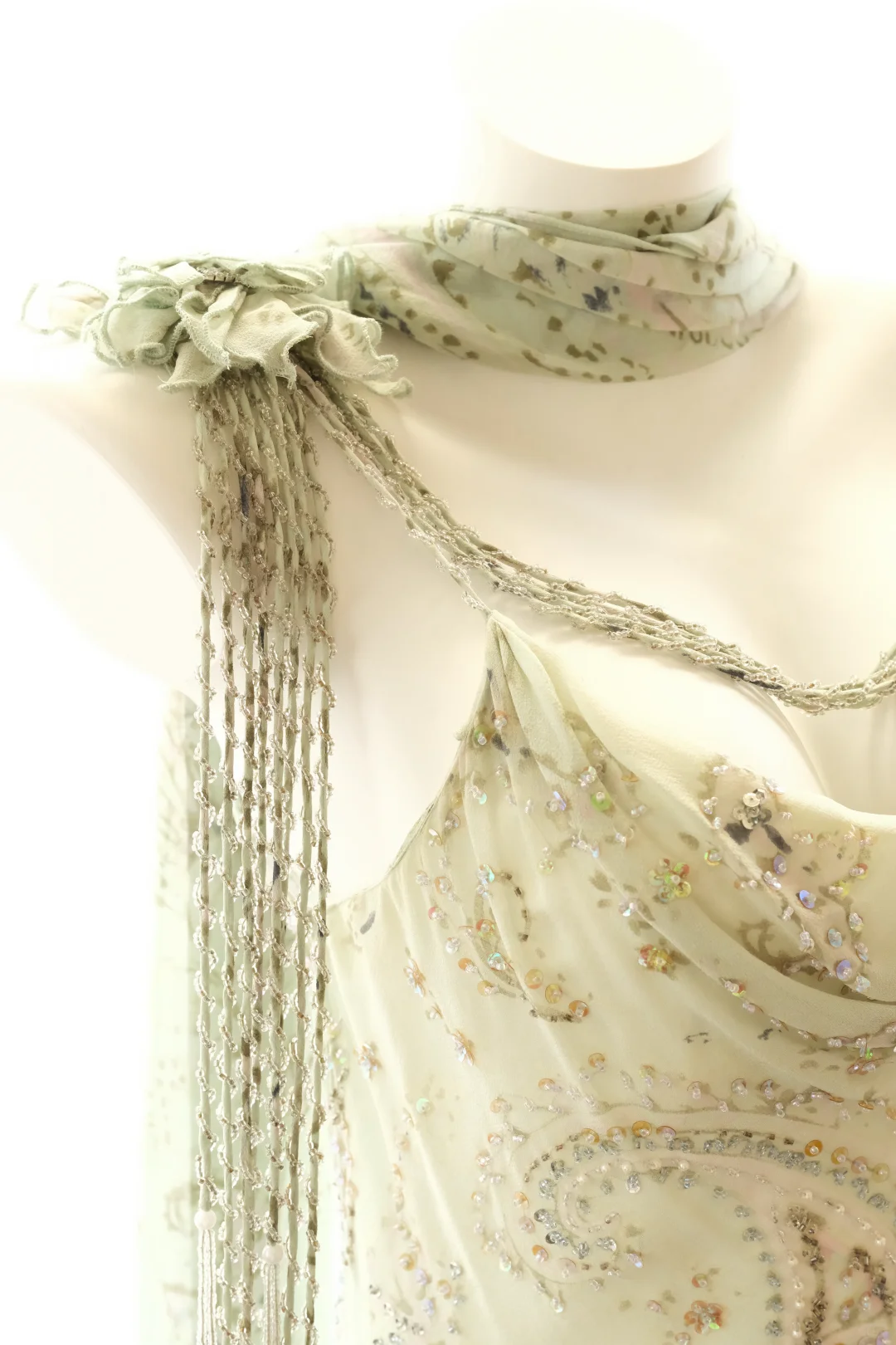 Women Vintage Long Mermaid Formal Dress Spaghetti Straps Cowl Neck Mint Green Paisley Print Hand Beaded Chiffon Evening Gown With Matching Neck Scarf gh9586