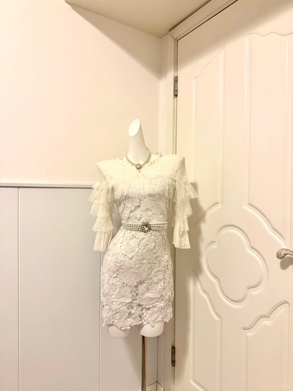 White Off‑Shoulder Tiered‑Ruffle‑Sleeve Floral‑Lace Sheath Short Homecoming Party Dress gh9255