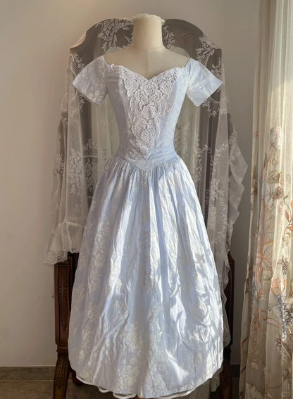 Light Blue Off Shoulder 3D Lace Floral Jacquard Vintage A-Line Midi Dress gh9315
