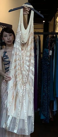 Ivory Halter V Neck Evening Gown Geometric Beaded Sequin Sheath Long Vintage Gatsby Prom Dress gh9729