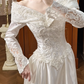 White Vintage Satin Wedding Gown, Off‑the‑Shoulder Fold‑Over V‑Neck, Long Satin Sleeves With Lace Cuffs, Exquisite Lace Appliqué Waist, A‑Line Satin Long Train With Scalloped Lace Hem, Prom Dress gh8652