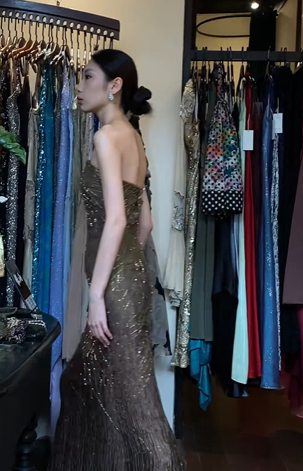 Bronze Strapless Long Formal Gown Vertical Hand Beaded Mermaid Evening Dress gh9648