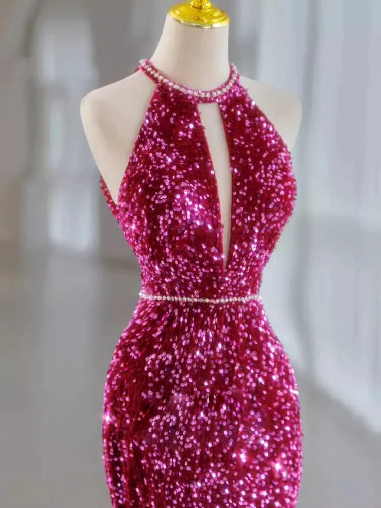 Robe de soirée longue rose magnifique, brillante, exquise, perlée, col licou, sirène, paillettes, longueur au sol, robe de bal, robe de soirée gh3395