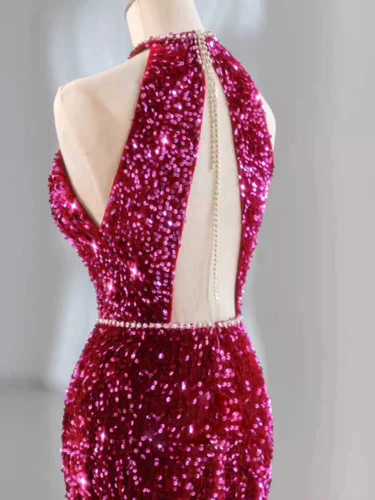 Robe de soirée longue rose magnifique, brillante, exquise, perlée, col licou, sirène, paillettes, longueur au sol, robe de bal, robe de soirée gh3395