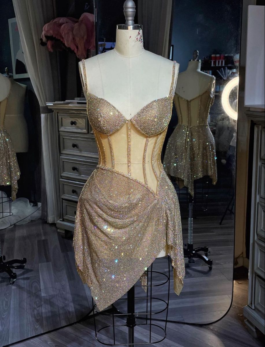 Girlhomeshops – Goldfarbenes, wunderschönes, exquisites, kurzes Homecoming-Kleid mit Perlen, Cocktailparty-Kleid, gh5453