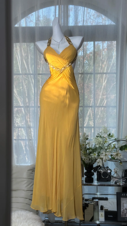 Golden Yellow Deep V Halter Ruched Chiffon Beaded Mermaid Long Evening Dress, Prom Gown gh9532