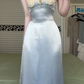 Light Ice Blue Satin Spaghetti Strap Long Evening Gown, V‑Neck Lace Bust Bow Bead Detail Sheath Formal Prom Dress gh8979