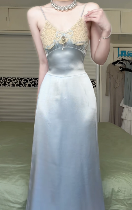 Light Ice Blue Satin Spaghetti Strap Long Evening Gown, V‑Neck Lace Bust Bow Bead Detail Sheath Formal Prom Dress gh8979