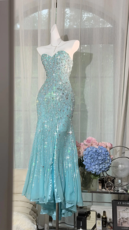 Turquoise Strapless Sweetheart Fully Beaded Gradient Mermaid Evening Dress, Prom Gown gh9511