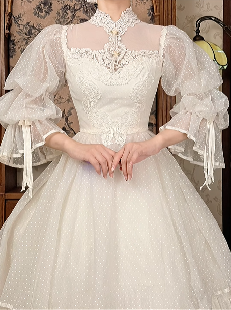 Off‑White Vintage Victorian High‑Neck Lace Bubble Flare Sleeve Tiered Ruffle Train Prom Gown, Wedding Dress gh8605
