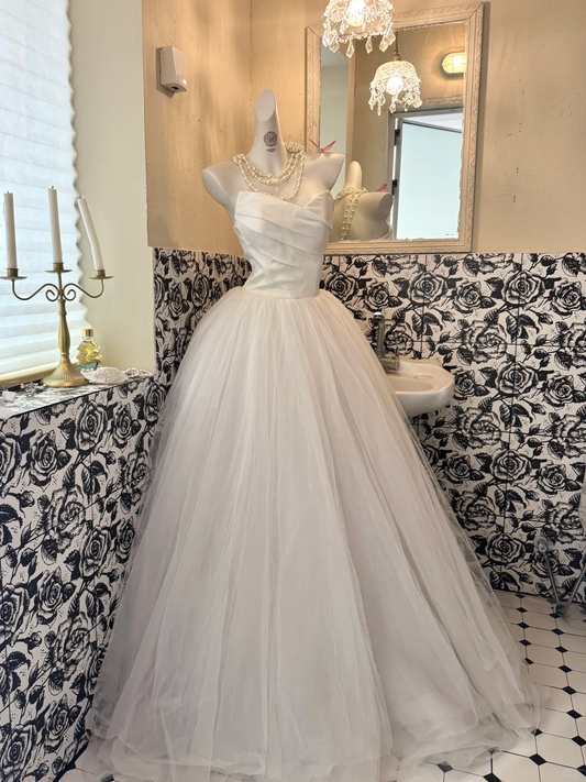 White Strapless Waist-Cinched Voluminous Skirt Long Romantic Dress, Wedding Gown gh7607