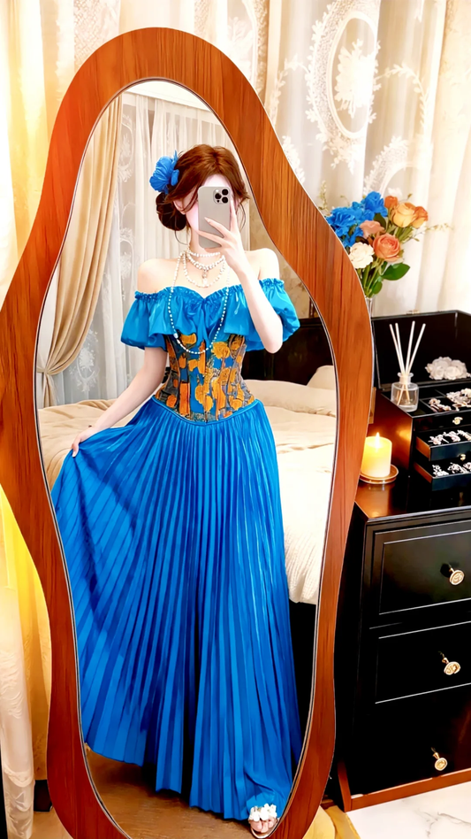 Royal Blue Off‑The‑Shoulder Puff Sleeve Evening Gown, Vintage Floral Corset Bodice Pleated Long Skirt Prom Dress gh9129